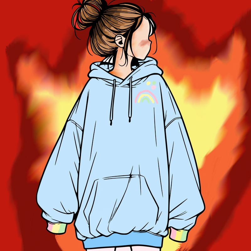 realistic girl with a oversized sweatshirt on and a bun