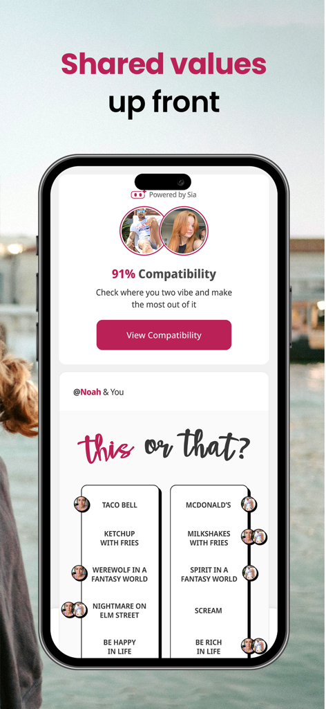 Hunch app interface showing a 91 percent compatibility score and personality poll results between two users.