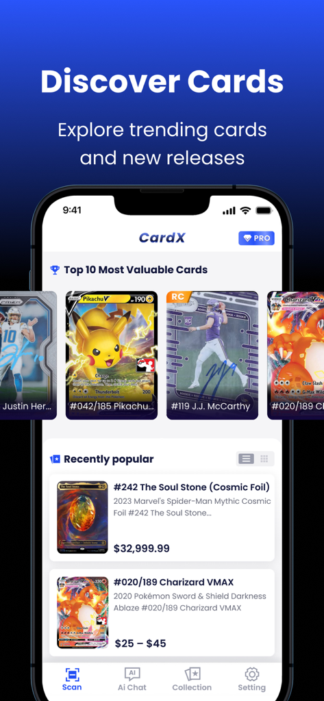 CardX app screen showing trending sports and TCG cards with market prices and top 10 most valuable cards