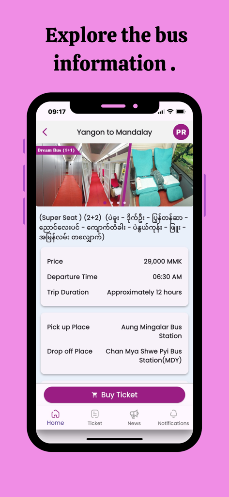 JJ Express Myanmar - Interface of JJ Express app displaying bus booking details for a trip from Yangon to Mandalay including price and departure time
