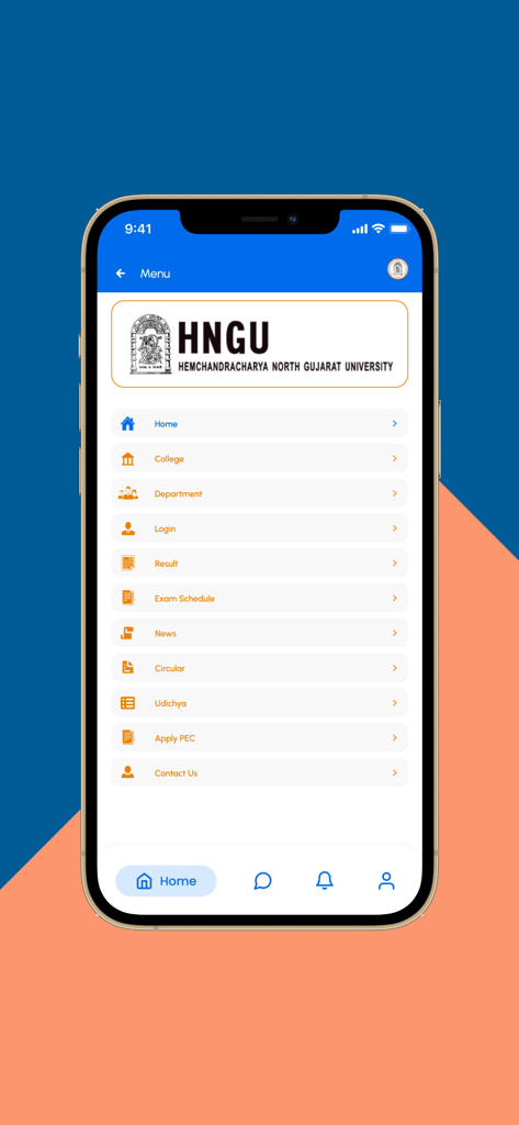 Main menu screen of the HNGU Official app for Hemchandracharya North Gujarat University showing navigation options