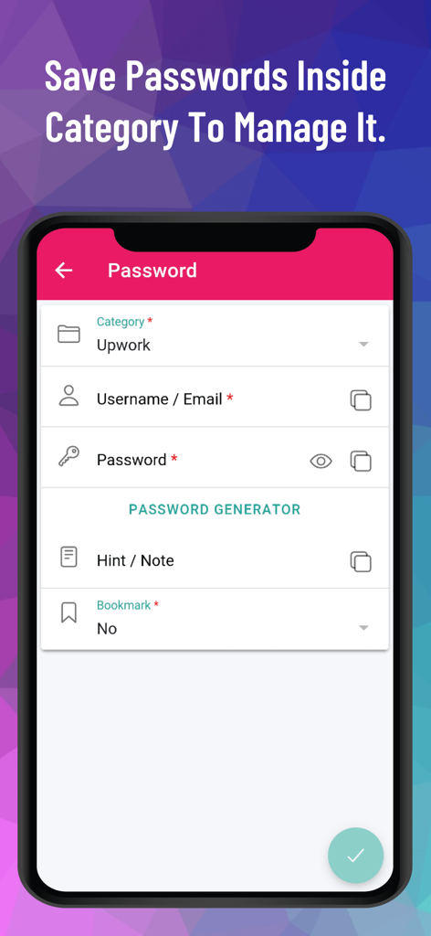 Interface da aplicação móvel para guardar e gerir palavras-passe dentro de categorias específicas no PM Pro.
