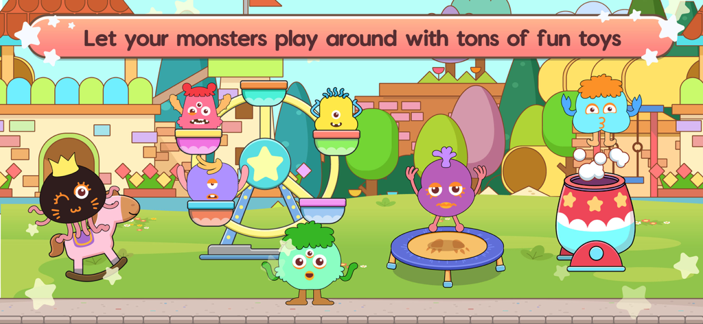 Monstruos de dibujos animados coloridos jugando con juguetes como una noria y una cama elástica en un patio de recreo virtual