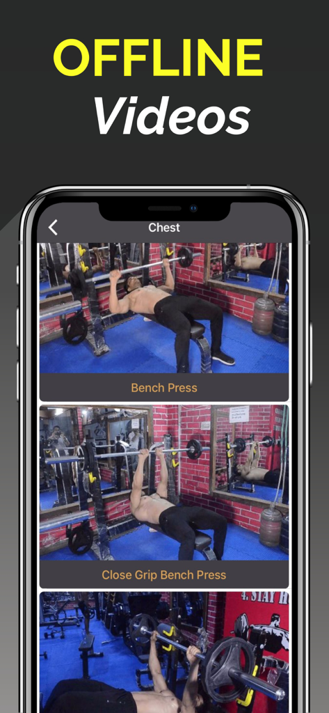 Mobile app interface showing offline video instructions for chest exercises like bench press