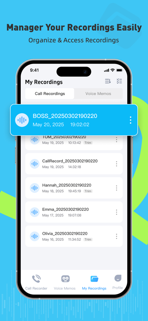 Smartphone screen showing a list of organized call recordings and voice memos in the Call Recorder app