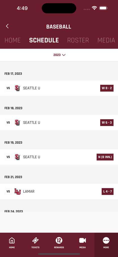 12th Man Mobile app interface displaying the Texas A&M baseball schedule and game results