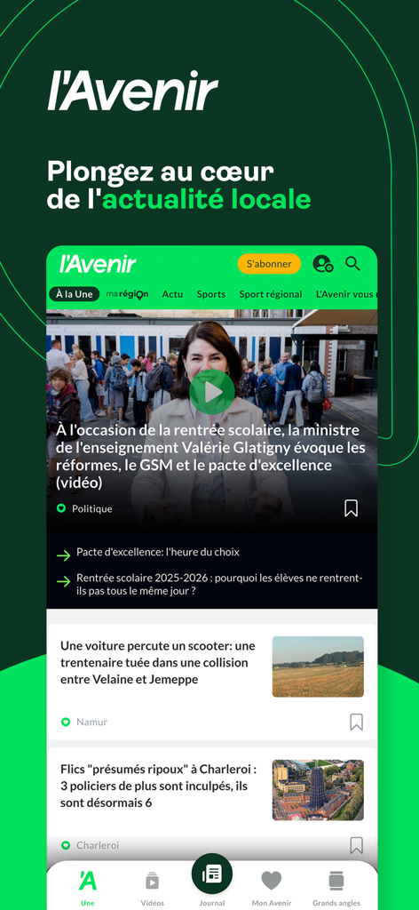 L'Avenir 모바일 앱 인터페이스: 벨기에 지역 뉴스 기사 및 헤드라인 표시