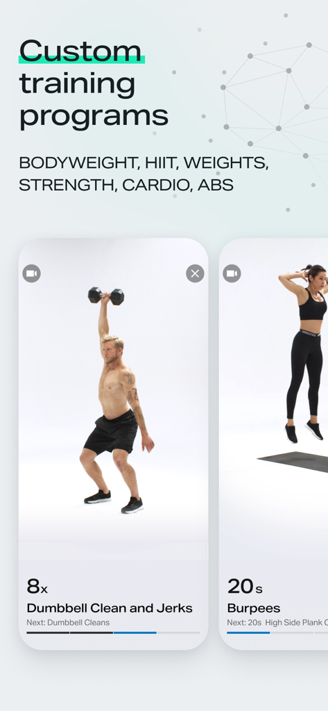 Freeletics app interface showing custom training programs for bodyweight and weights with video exercise demos.