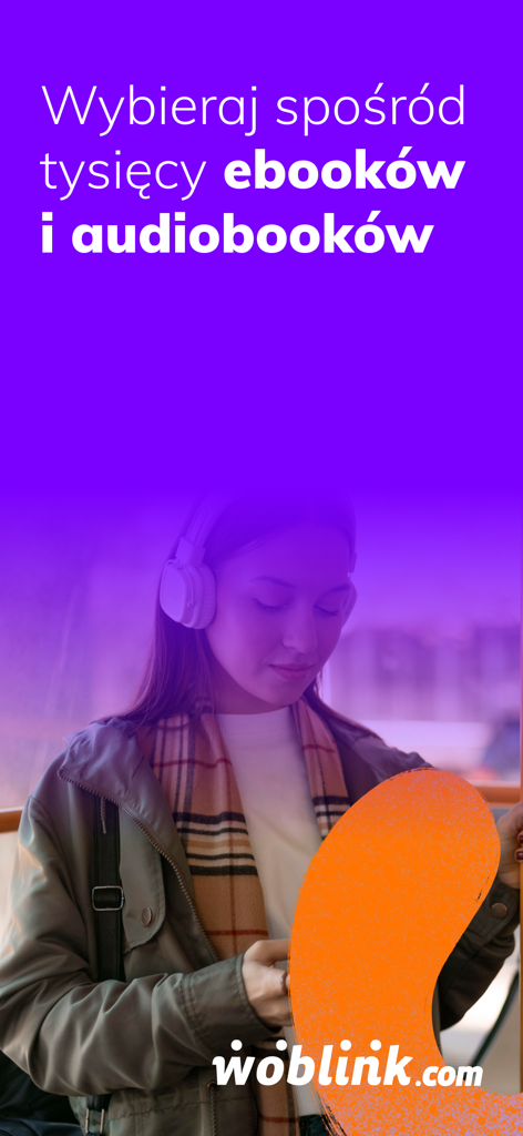 Woblink - A woman with headphones using the Woblink app to browse ebooks and audiobooks.