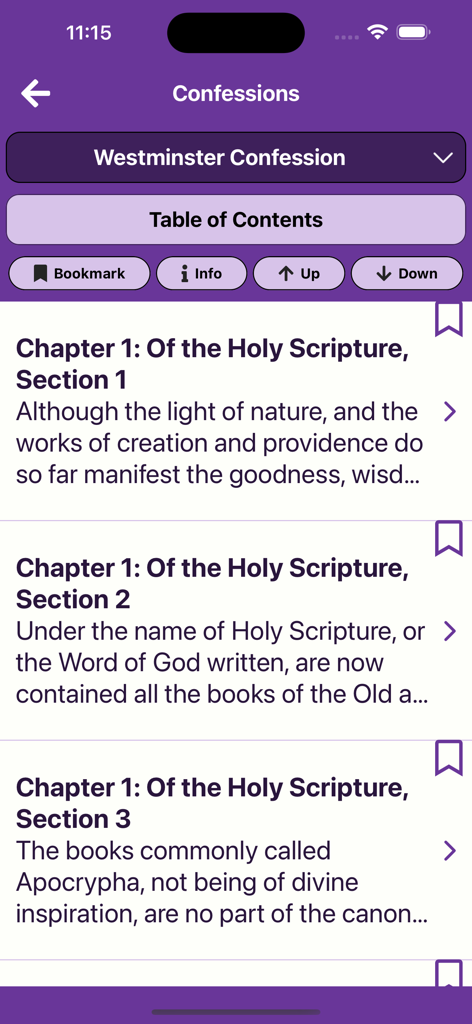 Reformed Companion - The Westminster Confession reading screen in the Reformed Companion app