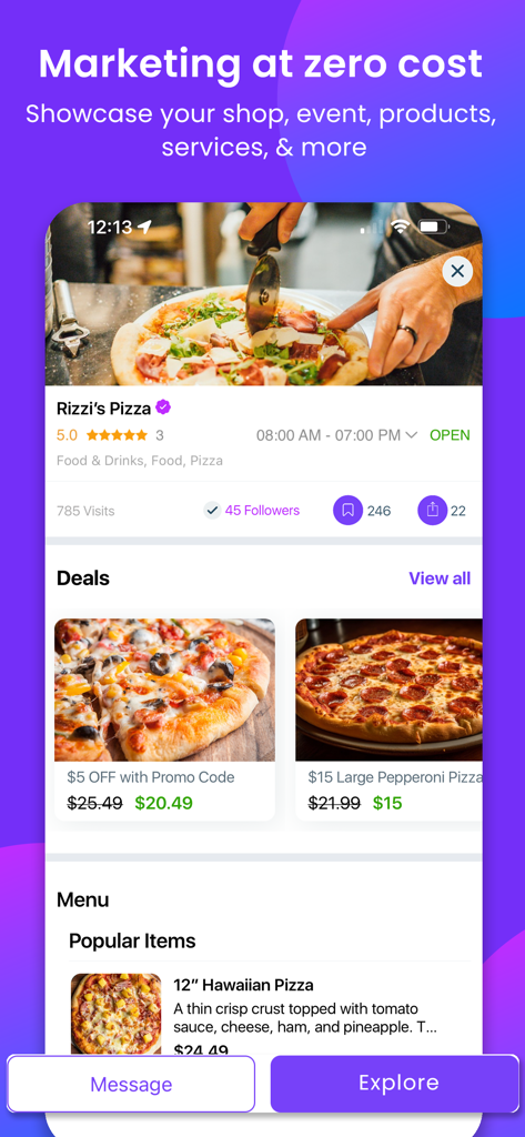 Netbinc: Social, Videos, Chat - A business profile for a pizza restaurant on the Netbinc app showing deals and menu items.