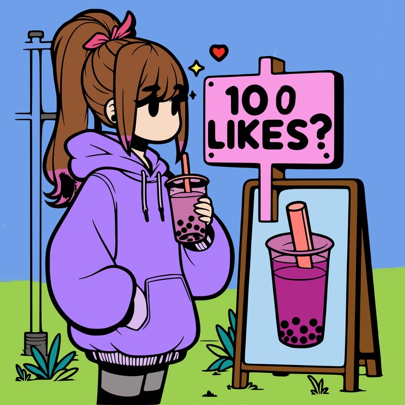 girl with oversized hoodie drinking boba and she has a high ponytail with a sign that says 10likes?