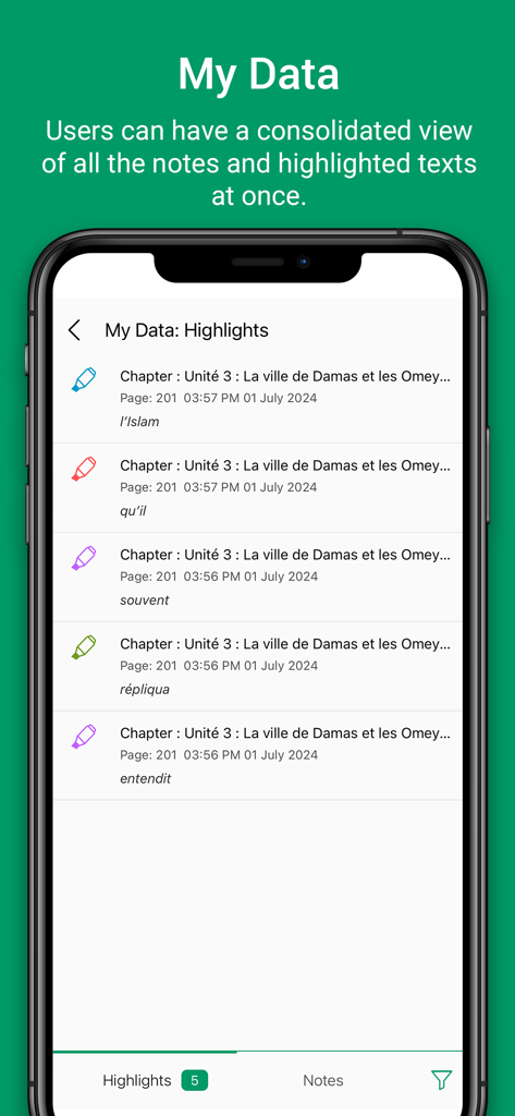 The IIS Digital Curriculum - The IIS Digital Curriculum app showing a list of user highlights and notes from a French curriculum chapter.