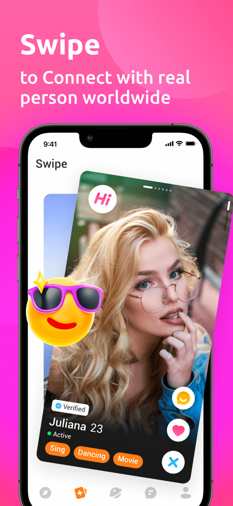 Zeetok app screen showing a verified user profile with interest tags and the swipe to connect feature