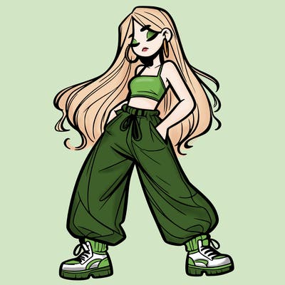 girl in baggy pants crop top and long hair