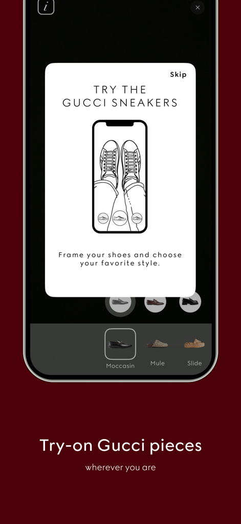 GUCCI - Gucci app interface showing virtual shoe try on with augmented reality