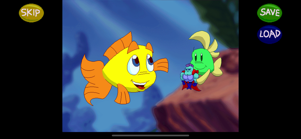 Freddi Fish 2: Haunted School - Freddi Fish y Luther interactuando con un pequeño personaje de pez con capa en una escena submarina