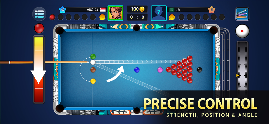 Interfaz de juego de Snooker Elite Online que muestra la puntería y los controles de fuerza precisos en una mesa azul
