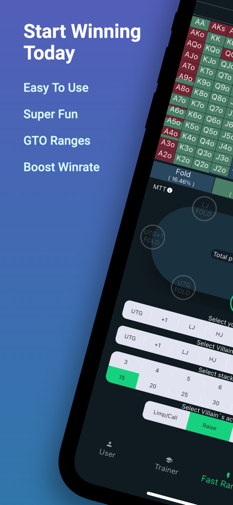 GTO Preflop poker app interface showing hand ranges and game settings