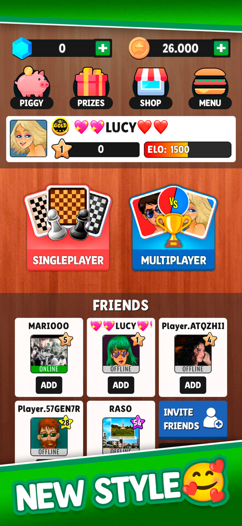 Chess Plus - Board Game - Hauptmenü der Chess Plus Mobile App mit Spielmodi und einer Liste von Freunden in sozialen Netzwerken