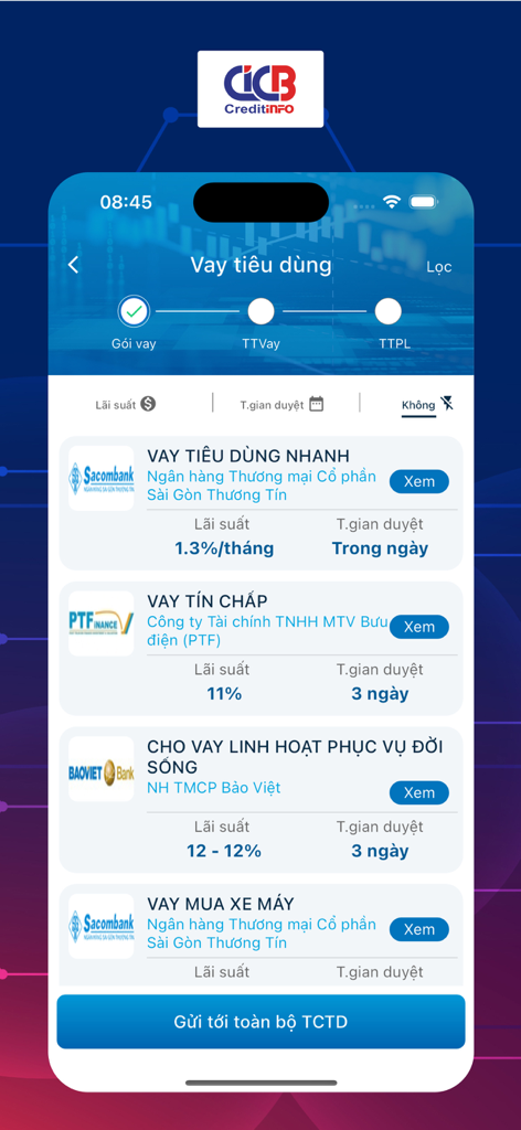 iCICアプリのモバイルインターフェース。さまざまな銀行からの金利と承認時間付きのさまざまな消費者ローンオプションを表示しています。