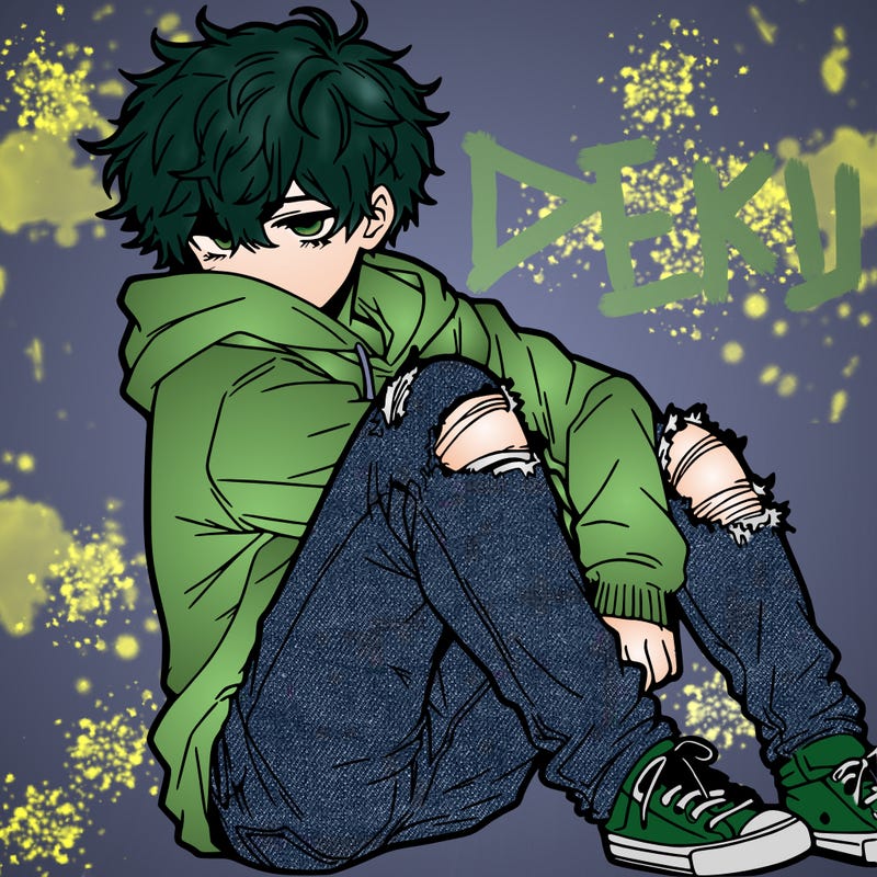 a male hoddie ripped jeans messy hair anime