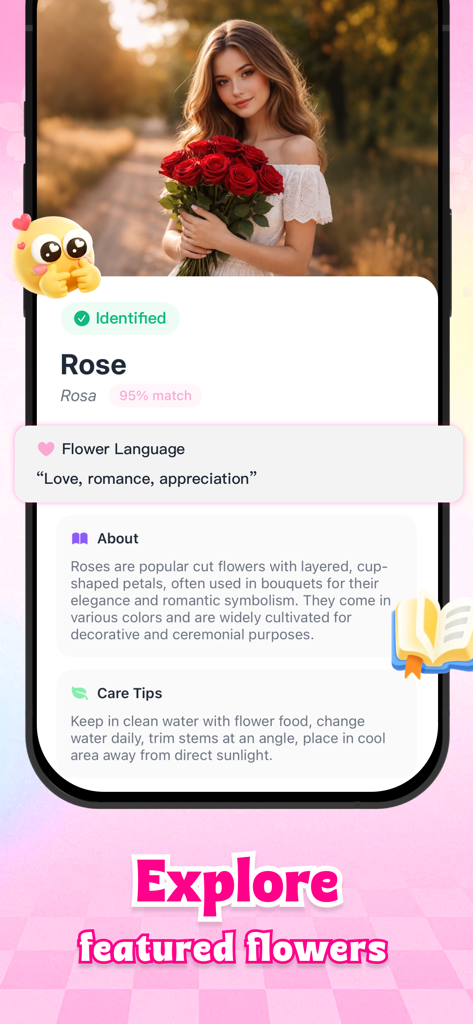 Bloom - Your Floral Expert - A mobile app interface from Bloom identifying a rose with botanical information and care tips.