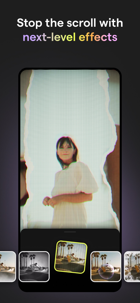 Mojo App-Oberfläche, die kreative Videoeffekte für Social-Media-Reels zeigt