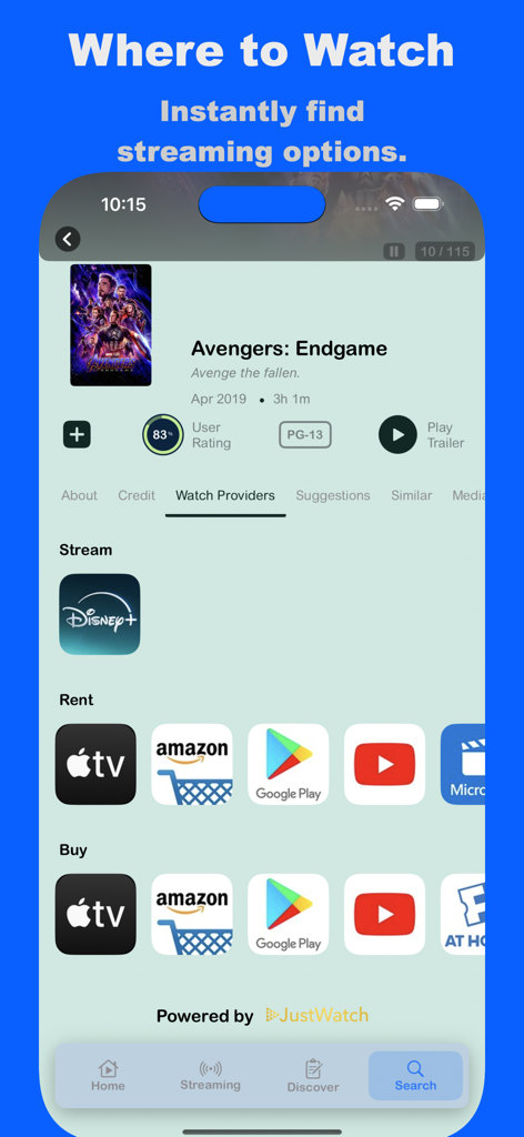 FlixHub app screen showing streaming and rental options for Avengers Endgame movie