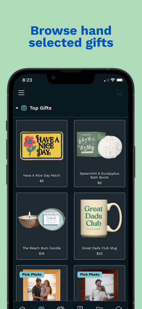Felt: Greeting Cards & Gifts - A screen in the Felt app showing a selection of hand-selected gifts like candles, mugs, and bath bombs