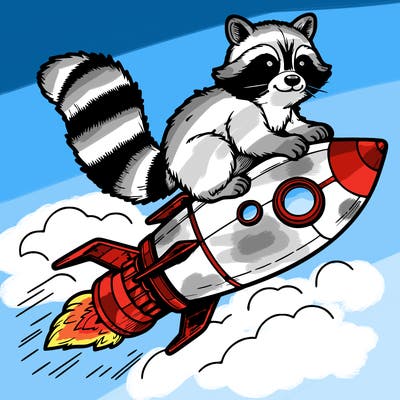 realistic raccoon flying on top rocket ship