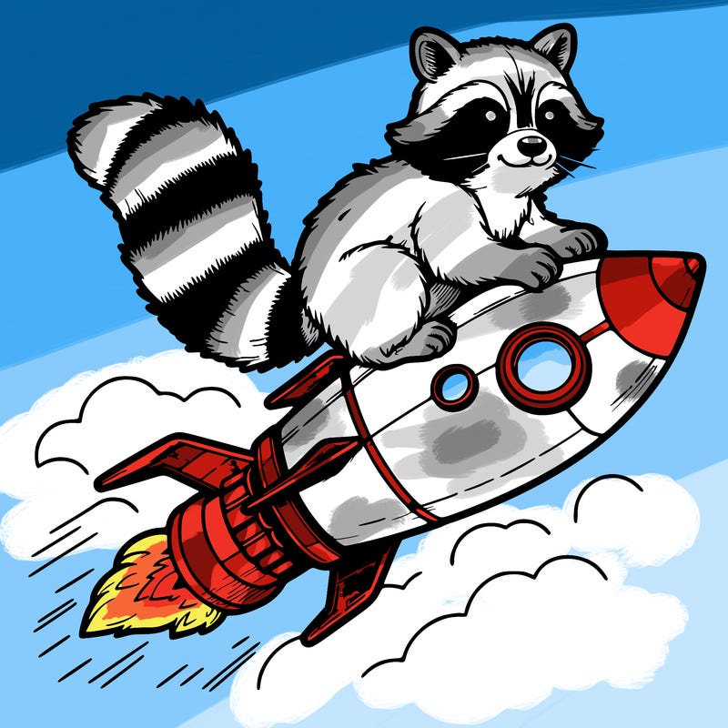 realistic raccoon flying on top rocket ship