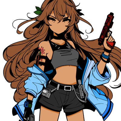 bad girl wearing crop top holding a gun long hair anime