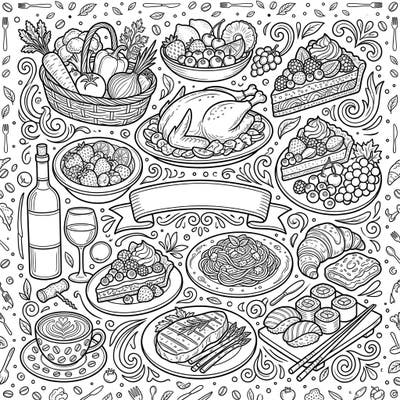 Embark on a delightful culinary coloring journey with this exquisite Food & Beverage Wall Art template. Featuring an intricate array of gourmet dishes, fresh produce, and fine beverages, it's a feast for your creative senses.