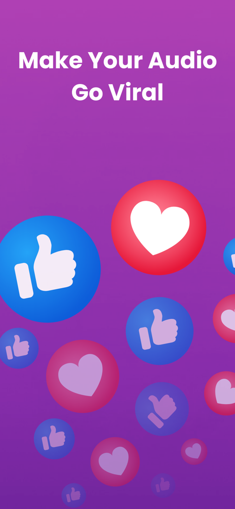Reverse Audio & Reverse Play - A promotional screen for Reverse Audio app with text Make Your Audio Go Viral and floating social media icons like hearts and thumbs up.