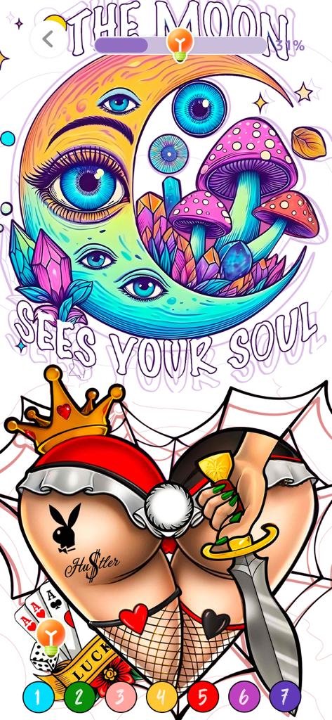 Interface de l'application Meme Color affichant une lune psychédélique et une œuvre d'art de style tatouage audacieux pour le coloriage par peinture par numéro