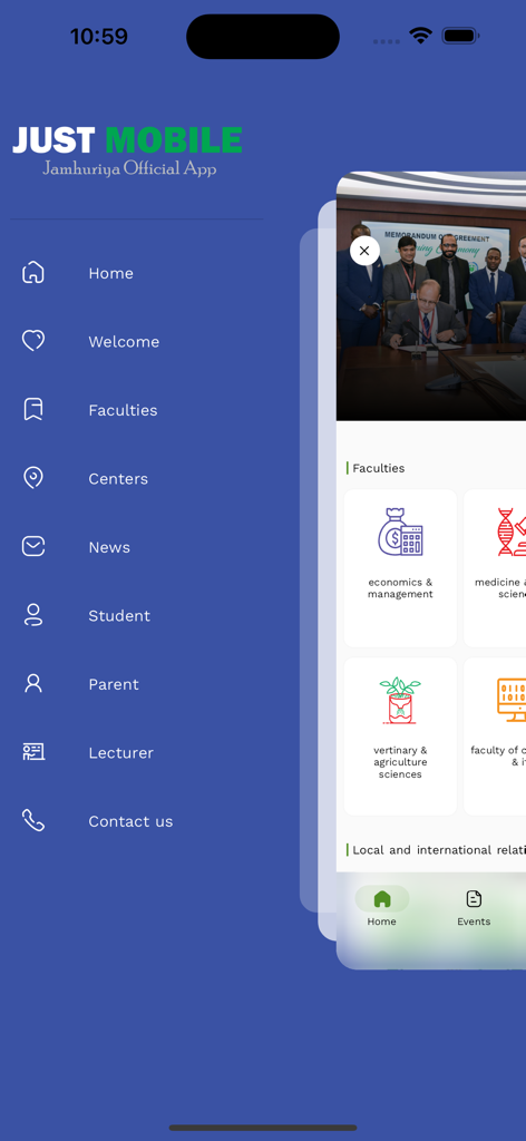Jamhuriya University - Side navigation menu of the Jamhuriya University mobile app showing options for students parents and lecturers