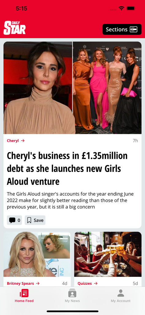 Pantalla de inicio de la app Daily Star mostrando artículos de noticias de celebridades y titulares del mundo del espectáculo