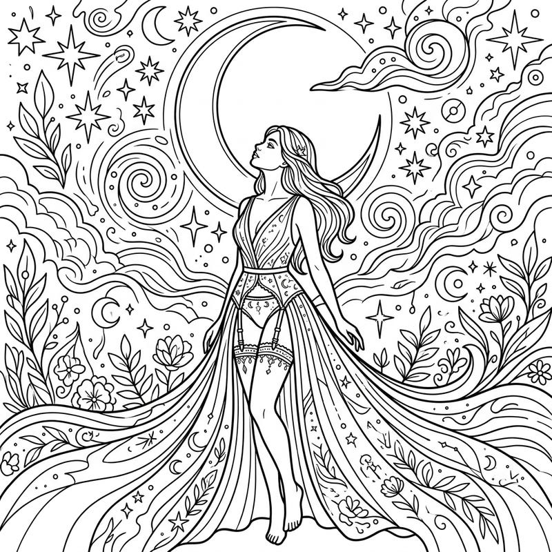 Dive into a magical nocturnal scene with this intricate coloring page featuring a graceful woman adorned with elegant garter belts, gazing at a luminous crescent moon. Immerse yourself in a dreamscape of twinkling stars and ethereal swirls, perfect for a relaxing coloring experience.