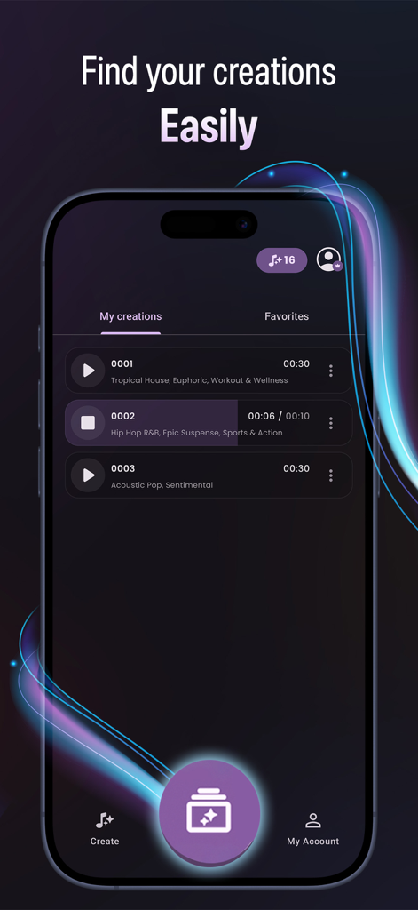 Ai Ringtone Generator: RingLab - A list of custom AI ringtones in the RingLab app library showing saved music tracks