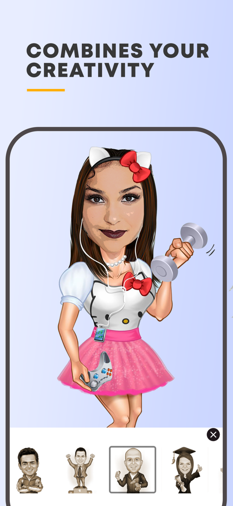 Face Caricature -Cartoon Photo - O rosto de uma mulher convertido em uma caricatura divertida de desenho animado segurando um controle de videogame e um haltere