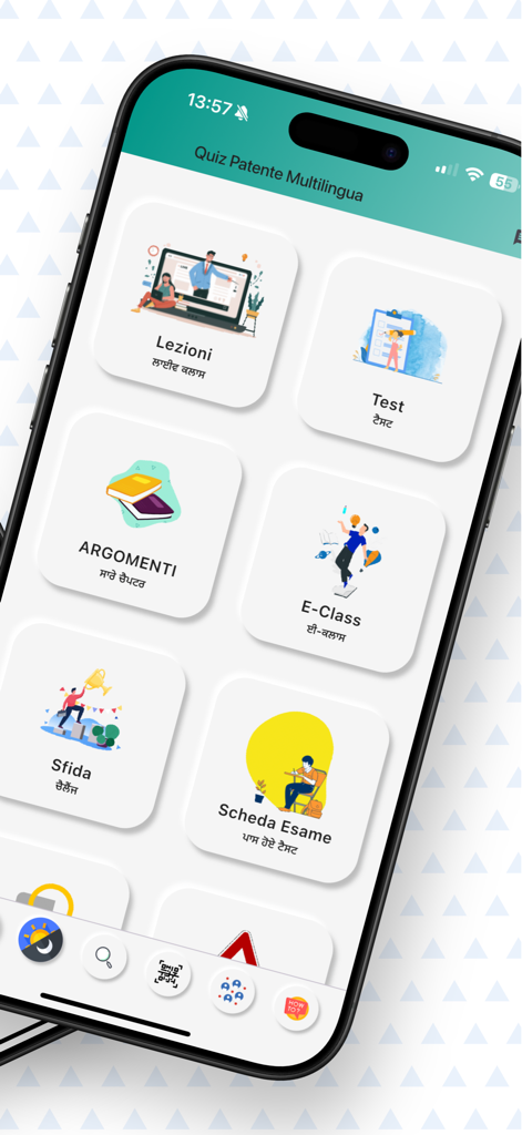 Quiz Patente Multilingua 2026 - Panel principal de la aplicación Quiz Patente Multilingua mostrando categorías de estudio en italiano y punjabi