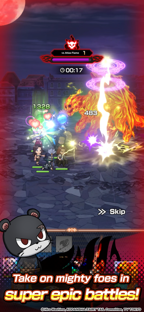 Maghi di Fairy Tail che combattono un boss di fuoco in una scena di battaglia di un GdR mobile verticale.