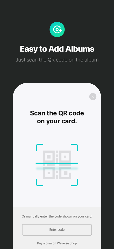 A mobile screen showing the QR code scanner feature in the Weverse Albums app to add a new digital album.