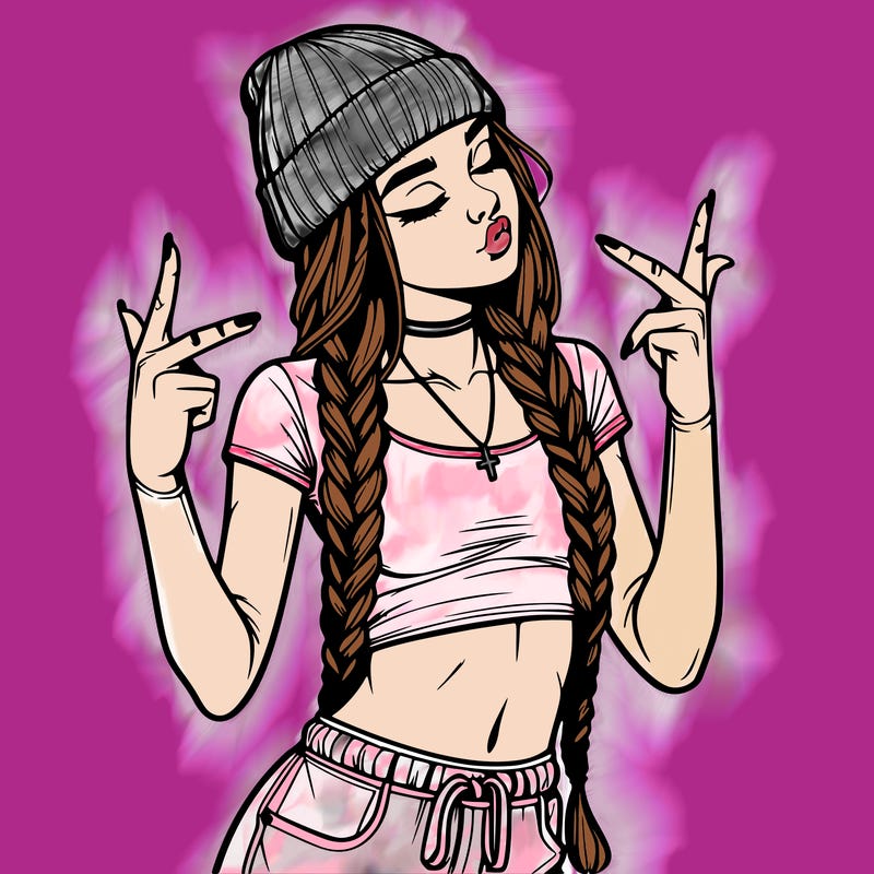 realistic teenage girl with braids and a beanie and crop top doing 🫶🏼