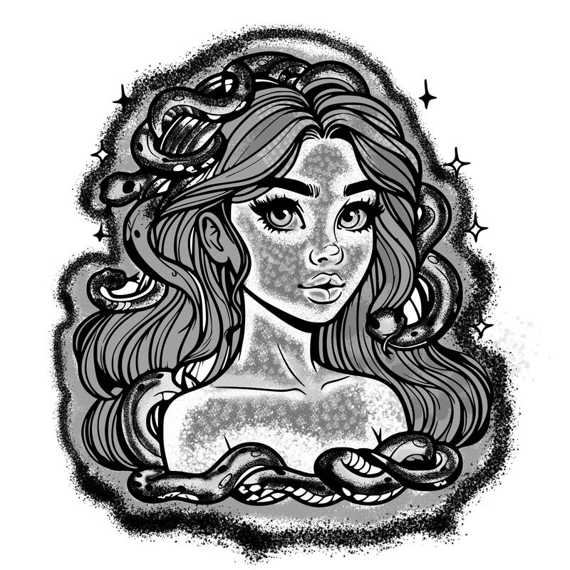 realistic girl with snakes as hair