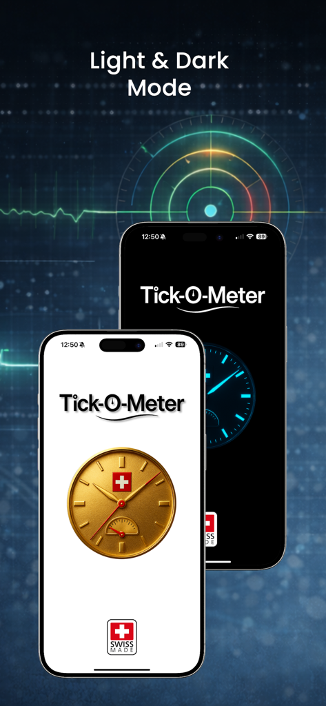 Tick-O-Meter - Tick-O-Meter app startup screens showing both light and dark mode interfaces with Swiss Made branding