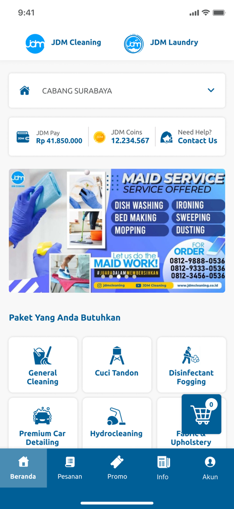 JDM Cleaning - Interface of the JDM Cleaning app displaying home cleaning and car detailing service options.