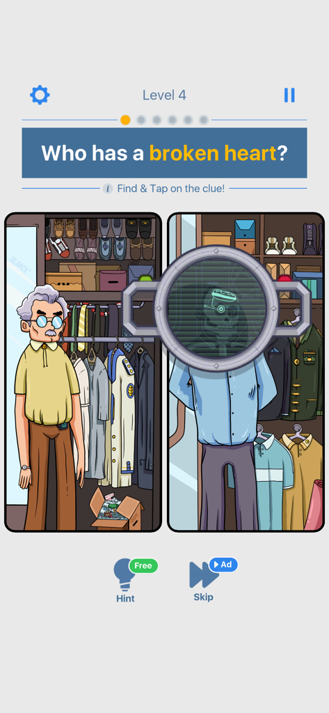 Riddle Master - A screenshot of Riddle Master mobile game showing a level asking who has a broken heart with interactive characters