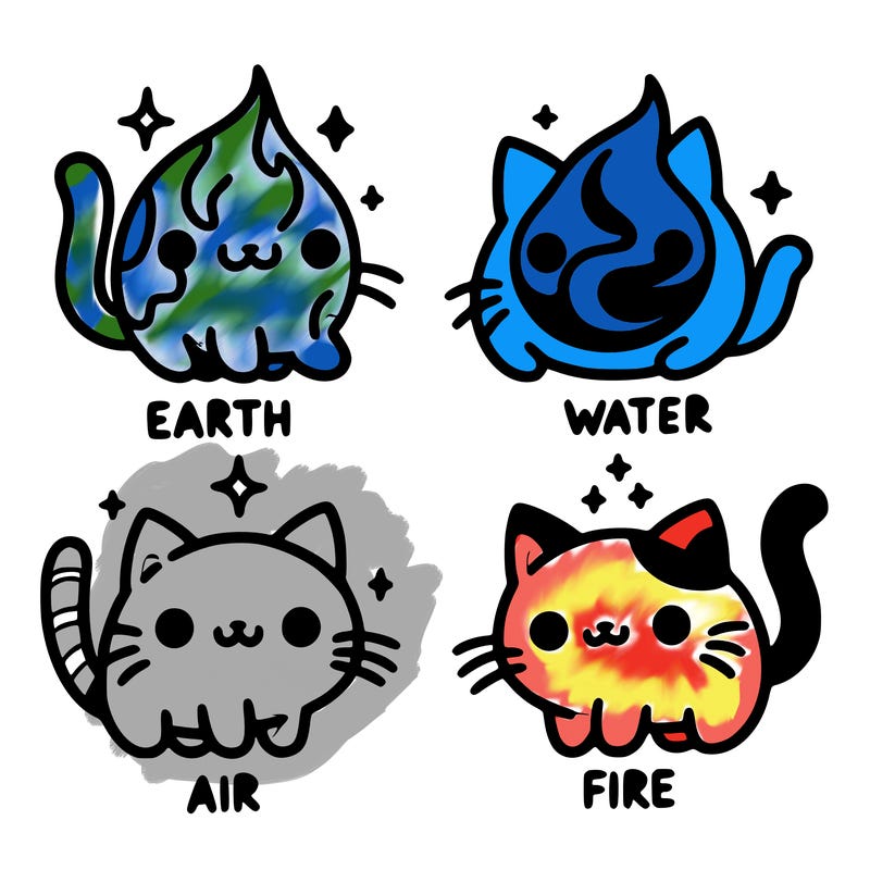 4 cats that represent the different elements, earth, water, air, and fire